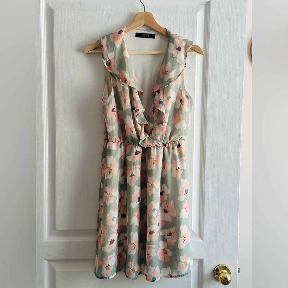 Floral Mini Dress with Ruffle Front Accent- Size Medium